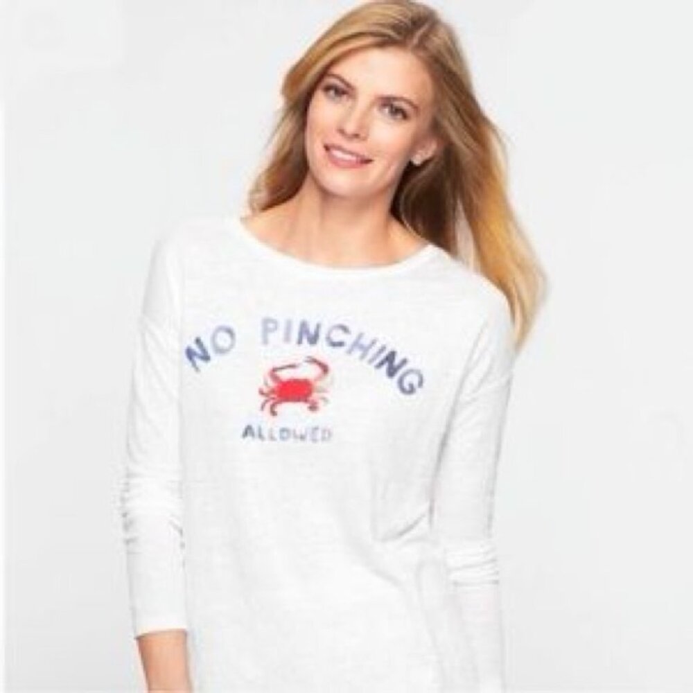 Talbots No Pinching Allowed Crab Graphic Long Sleeve Top Linen Coastal Beach